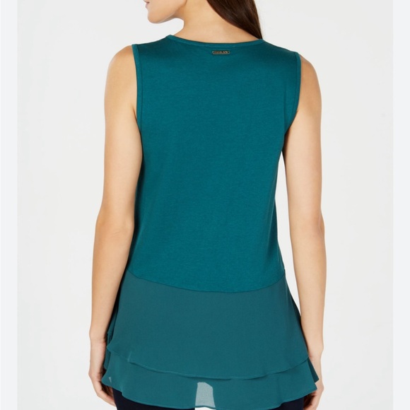 NWOT Michael Kors Women's Woven Mix Double Hem Teal Tank Top Blouse - Picture 2 of 8